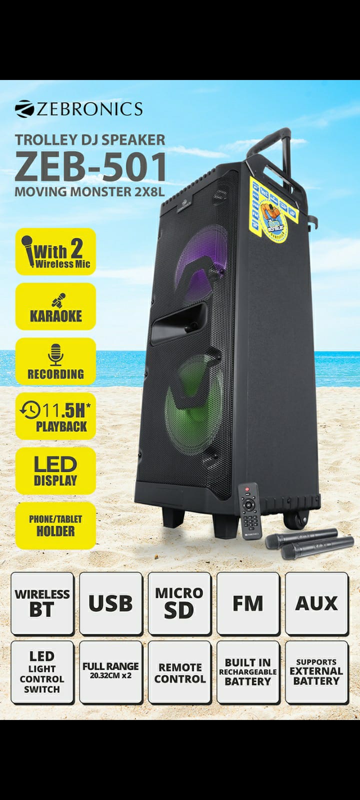 ZEBRONICS 501 Moving Monster 2X8L Trolley Party DJ Speaker, 80 Watts, Supports Bluetooth, USB, mSD, AUX, Dual Wireless MIC, Karaoke & Recording Function, LED Lights