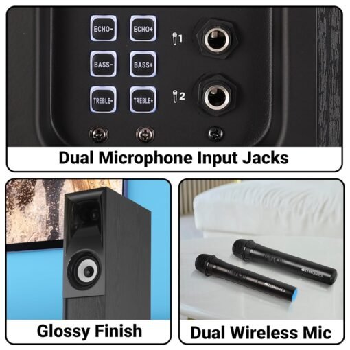 Zebronics Hammer Dual Tower Speaker with Powerful 160W RMS Output, Deep Bass, 10" Subwoofers, 2X Wireless mic, Karaoke, Bluetooth 5.0, LED Display, Remote Control, FM Radio & Glossy Finish (Black) - Image 3