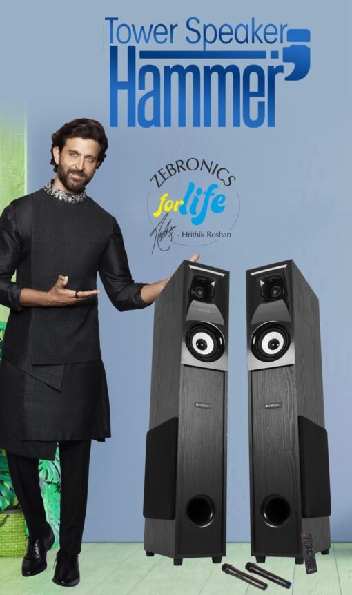 Zebronics Hammer Dual Tower Speaker with Powerful 160W RMS Output, Deep Bass, 10" Subwoofers, 2X Wireless mic, Karaoke, Bluetooth 5.0, LED Display, Remote Control, FM Radio & Glossy Finish (Black) - Image 2