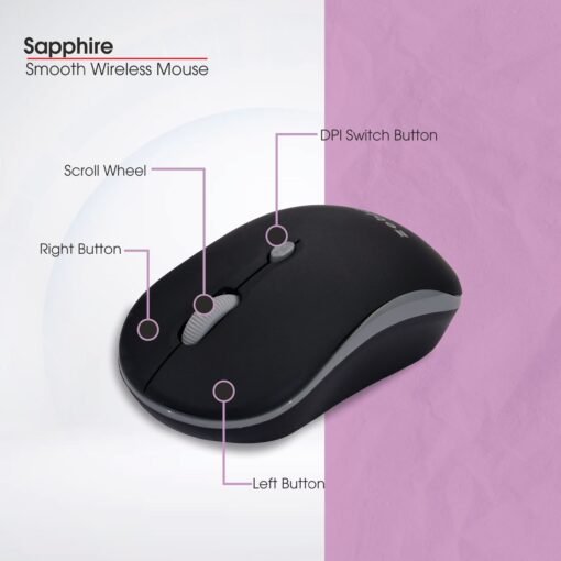 Zebion Sapphire Lightweight Wireless Optical Mouse with 2.4 Ghz, 800/1200/1600 Adjustable DPI and Optical Sensor, Silent Switch, AA Battery Included, Nano Receiver (Black) - Image 3