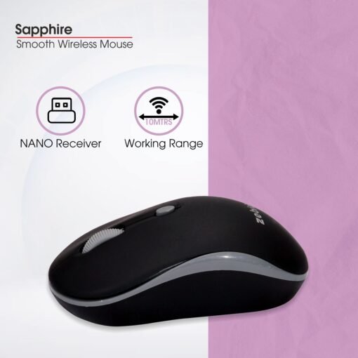 Zebion Sapphire Lightweight Wireless Optical Mouse with 2.4 Ghz, 800/1200/1600 Adjustable DPI and Optical Sensor, Silent Switch, AA Battery Included, Nano Receiver (Black) - Image 4